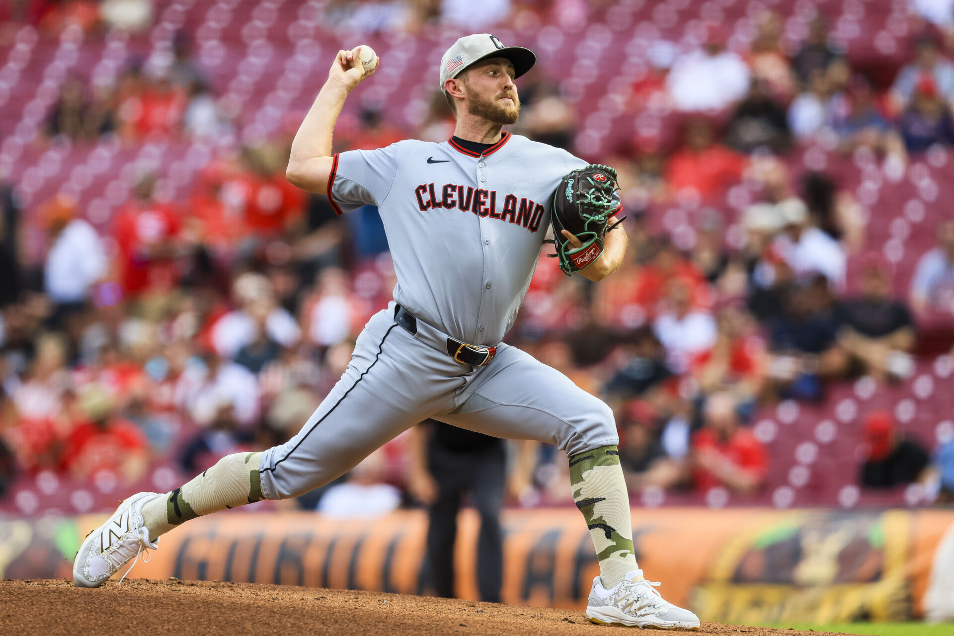 May 16, 2025; Cincinnati, Ohio, USA; Cleveland Guardians starting pitcher Tanner Bibee (28) pitches against the Cincinnati Reds in the first inning at Great American Ball Park.