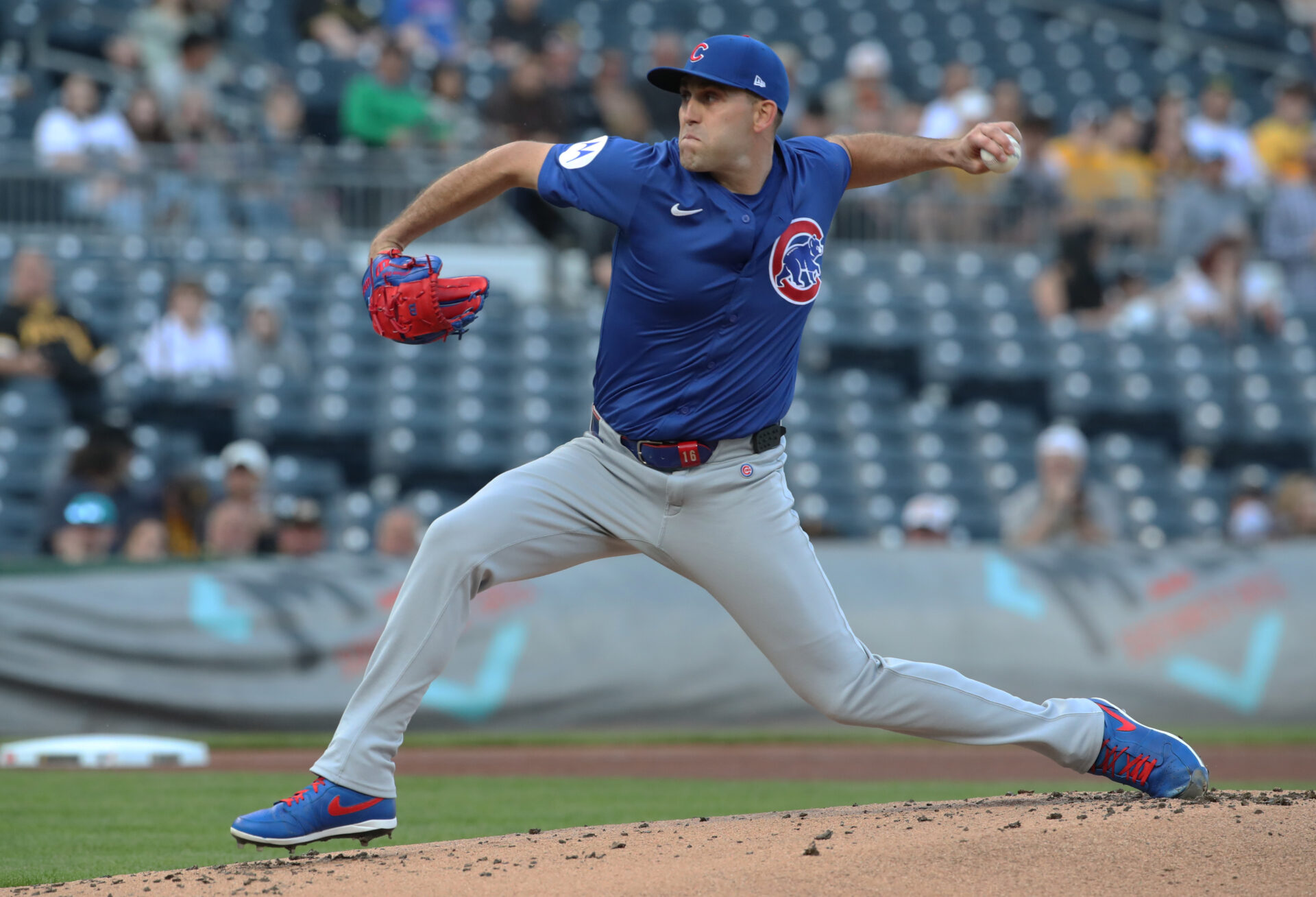 Apr 30, 2025; Pittsburgh, Pennsylvania, USA; Chicago Cubs starting pitcher Matthew Boyd (16) delivers a pitch against the Pittsburgh Pirates during the first inning at PNC Park.