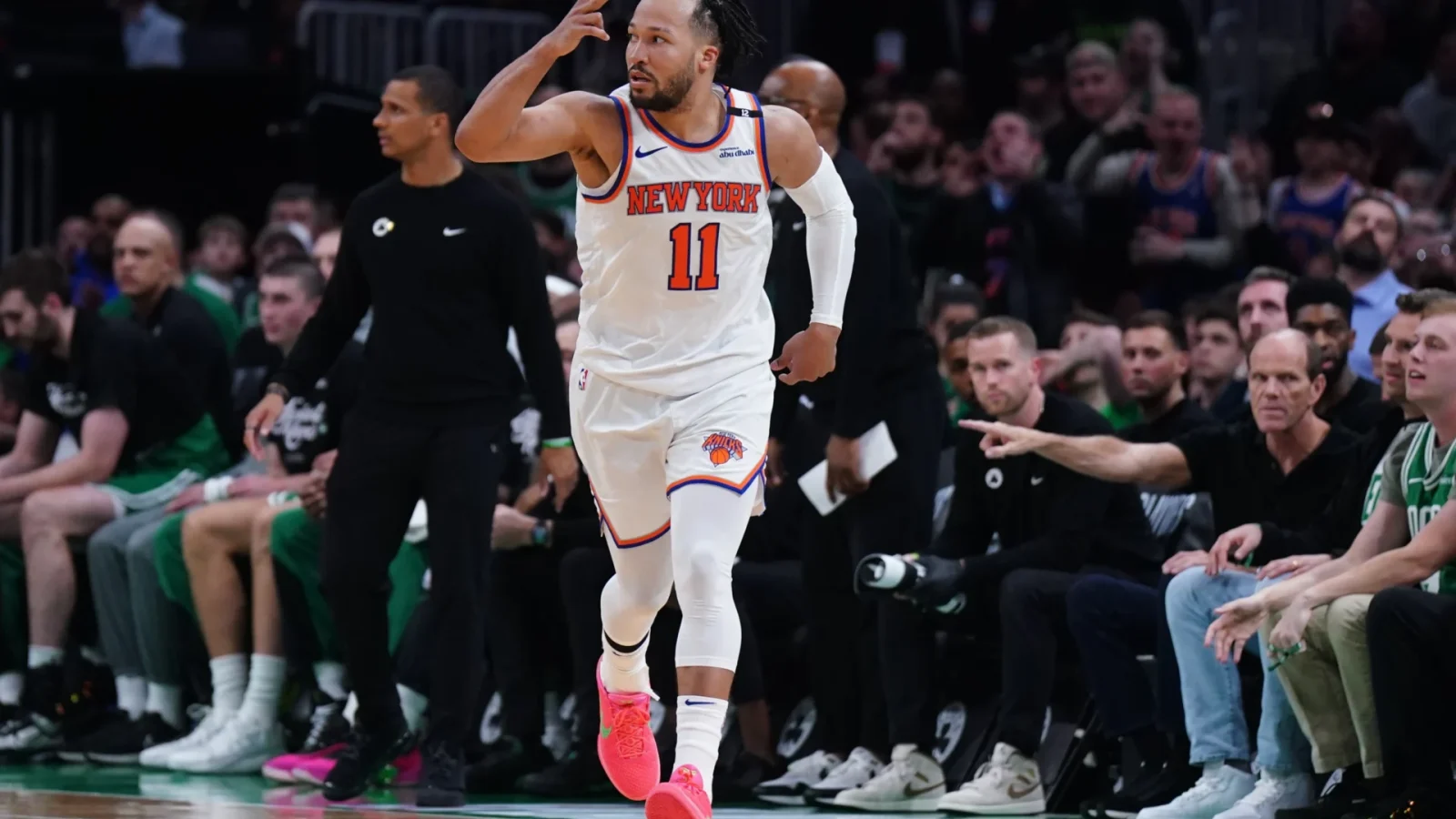 May 7, 2025; Boston, Massachusetts, USA; New York Knicks guard Jalen Brunson (11) reacts after his three point basket against the Boston Celtics in the second half during game two of the second round for the 2025 NBA Playoffs at TD Garden.