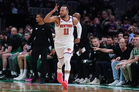 May 7, 2025; Boston, Massachusetts, USA; New York Knicks guard Jalen Brunson (11) reacts after his three point basket against the Boston Celtics in the second half during game two of the second round for the 2025 NBA Playoffs at TD Garden.