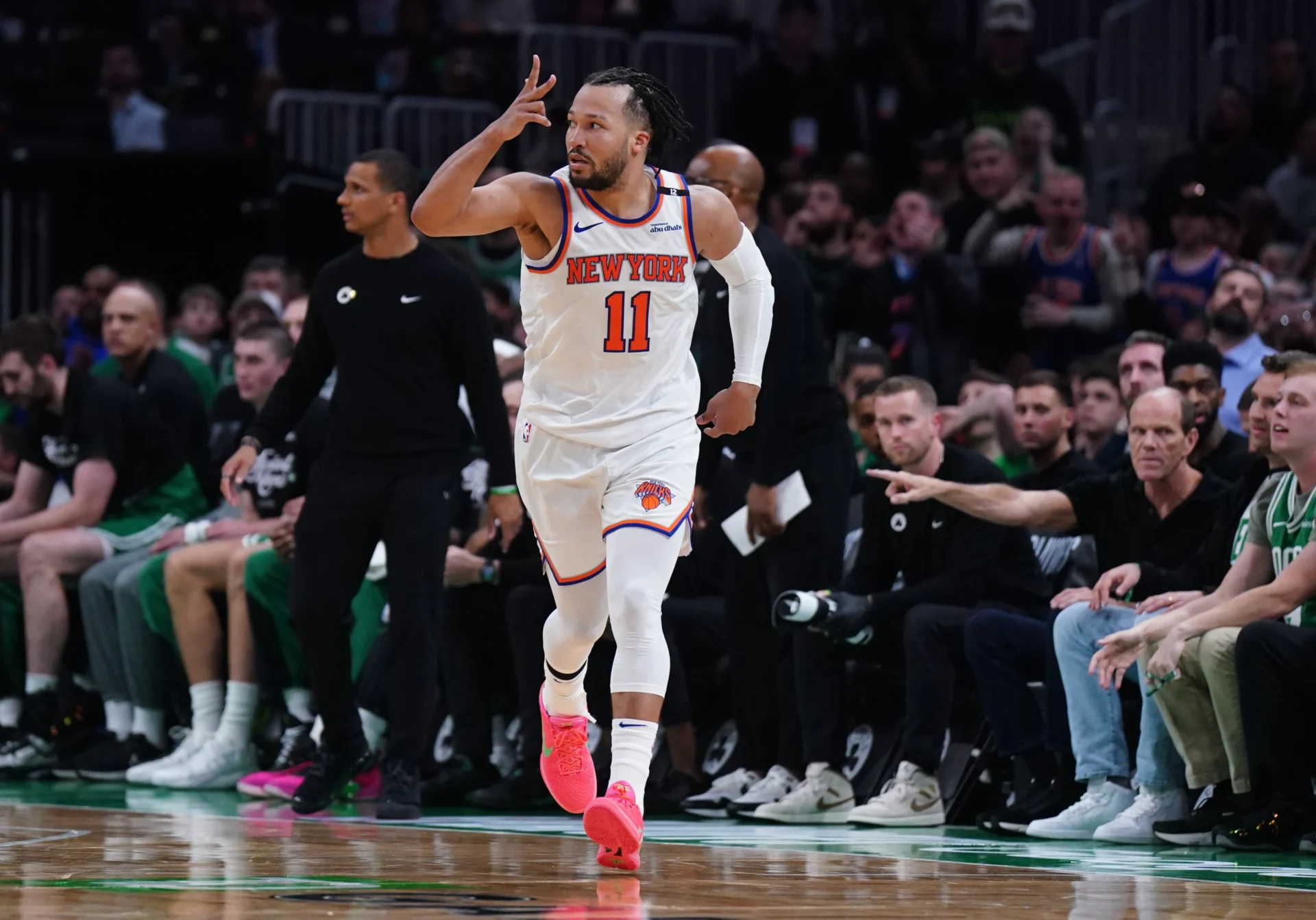May 7, 2025; Boston, Massachusetts, USA; New York Knicks guard Jalen Brunson (11) reacts after his three point basket against the Boston Celtics in the second half during game two of the second round for the 2025 NBA Playoffs at TD Garden.