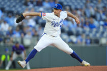 Apr 22, 2025; Kansas City, Missouri, USA; Kansas City Royals starting pitcher Kris Bubic (50) pitches during the first inning against the Colorado Rockies at Kauffman Stadium.