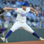 Apr 22, 2025; Kansas City, Missouri, USA; Kansas City Royals starting pitcher Kris Bubic (50) pitches during the first inning against the Colorado Rockies at Kauffman Stadium.