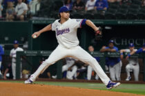 May 15, 2025; Arlington, Texas, USA; Texas Rangers pitcher Jacob deGrom (48) throws to the plate during the first inning against the Houston Astros at Globe Life Field.
