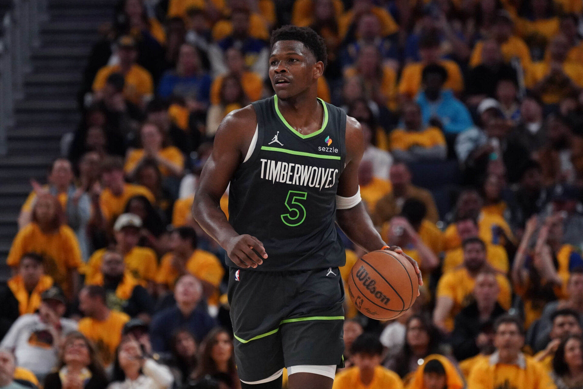 May 10, 2025; San Francisco, California, USA; Minnesota Timberwolves guard Anthony Edwards (5) dribbles upcourt against the Golden State Warriors in the third quarter during game three in the second round of the 2025 NBA Playoffs at Chase Center.
