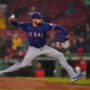 May 6, 2025; Boston, Massachusetts, USA; Texas Rangers pitcher Nathan Eovaldi (17) throws a pitch against the Boston Red Sox in the first inning at Fenway Park.