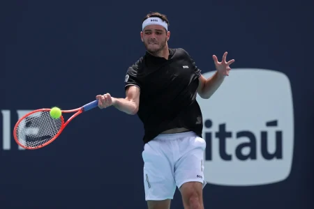 Taylor Fritz (USA) hits a forehand against Denis Shapovalov (CAN)(not pictured) on day seven of the Miami Open at Hard Rock Stadium.