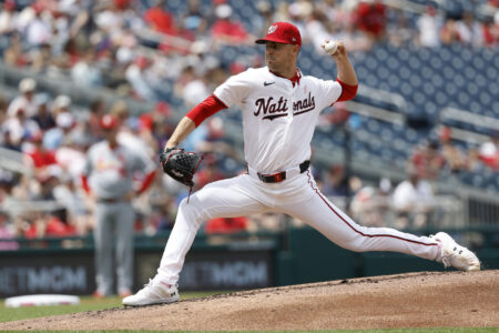 May 11, 2025; Washington, District of Columbia, USA; Washington Nationals starting pitcher MacKenzie Gore (1) pitches against the St. Louis Cardinals during the second inning at Nationals Park.