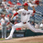 May 11, 2025; Washington, District of Columbia, USA; Washington Nationals starting pitcher MacKenzie Gore (1) pitches against the St. Louis Cardinals during the second inning at Nationals Park.