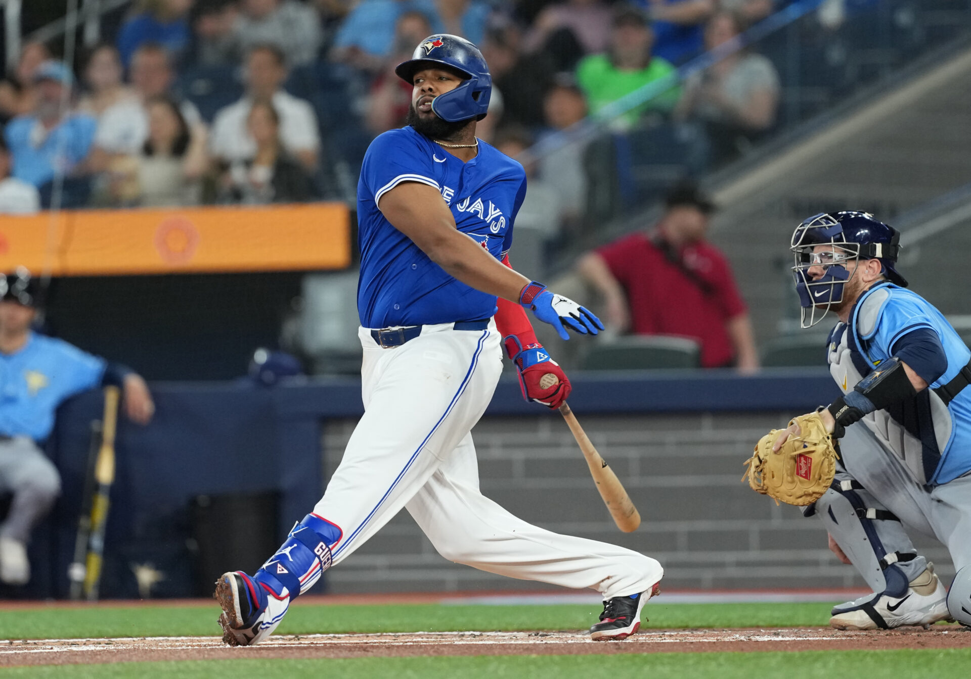May 13, 2025; Toronto, Ontario, CAN; Toronto Blue Jays first baseman Vladimir Guerrero Jr. (27) grounds out against the Tampa Bay Rays during the first inning at Rogers Centre.