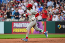May 10, 2025; Cleveland, Ohio, USA; Philadelphia Phillies first baseman Bryce Harper (3) rounds the bases after hitting a home run during the eighth inning against the Cleveland Guardians at Progressive Field.