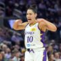 May 16, 2025; San Francisco, California, USA; Los Angeles Sparks guard Kelsey Plum (10) gestures after a basket by forward Rickea Jackson (not shown) during the second quarter against the Golden State Valkyries at Chase Center.