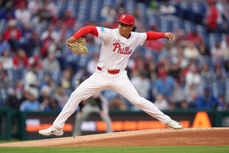 Apr 15, 2025; Philadelphia, Pennsylvania, USA; Philadelphia Phillies starting pitcher Jesus Luzardo (44) throws a pitch against the San Francisco Giants in the first inning at Citizens Bank Park. All players wore #42 for Jackie Robinson Day.