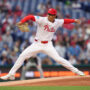 Apr 15, 2025; Philadelphia, Pennsylvania, USA; Philadelphia Phillies starting pitcher Jesus Luzardo (44) throws a pitch against the San Francisco Giants in the first inning at Citizens Bank Park. All players wore #42 for Jackie Robinson Day.