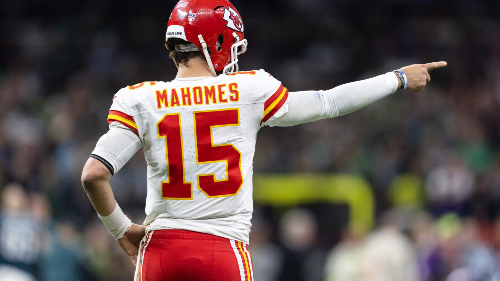 Detailed view of the jersey of Kansas City Chiefs quarterback Patrick Mahomes (15) against the Philadelphia Eagles in Super Bowl LIX at Ceasars Superdome.