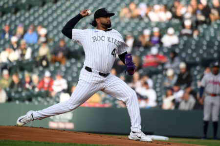 Apr 29, 2025; Denver, Colorado, USA; Colorado Rockies pitcher German Marquez (48) throws during the first inning against the Atlanta Braves at Coors Field.