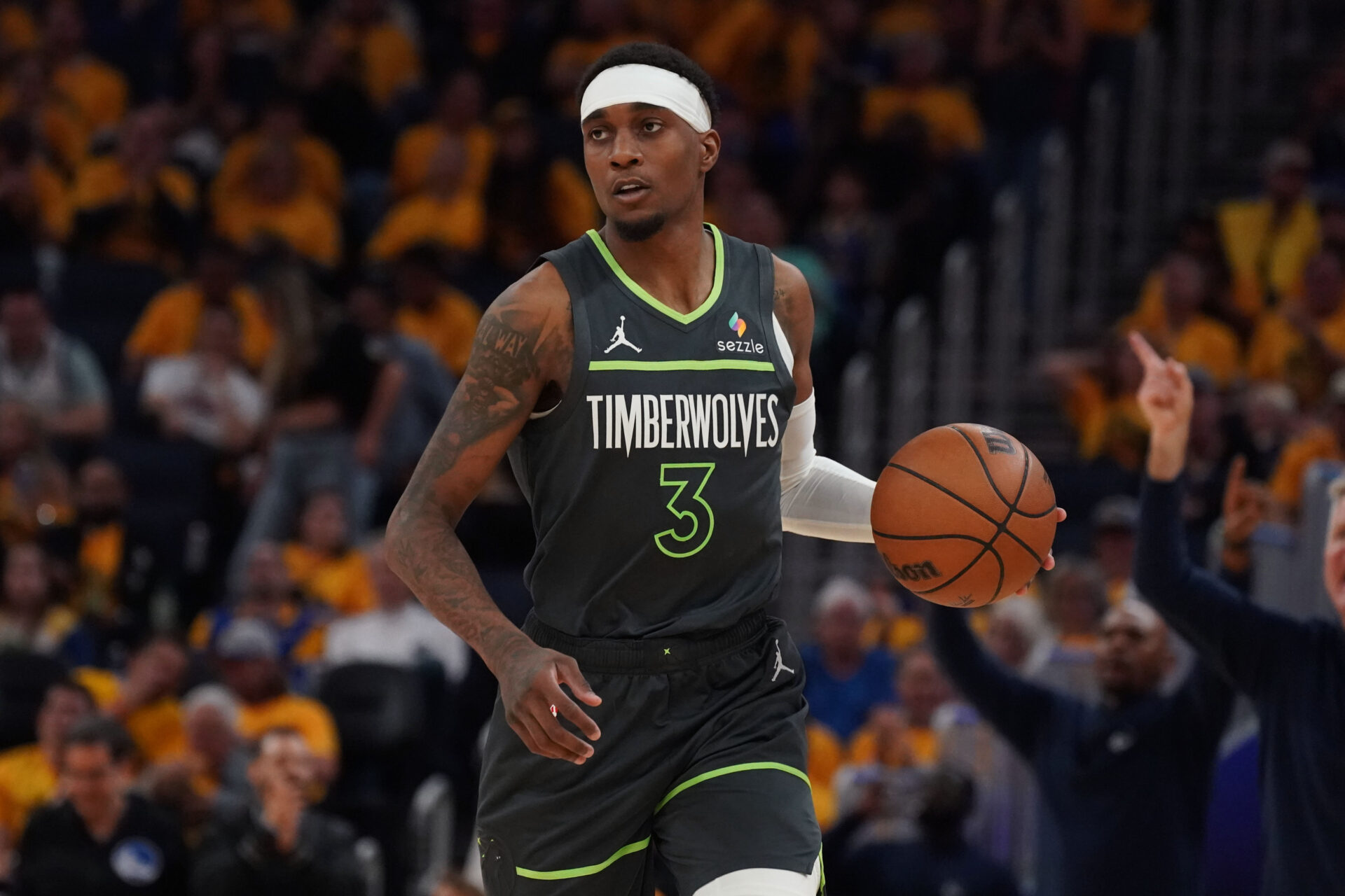 May 10, 2025; San Francisco, California, USA; Minnesota Timberwolves forward Jaden McDaniels (3) dribbles upcourt against the Golden State Warriors in the third quarter during game three in the second round for the 2025 NBA Playoffs at Chase Center.