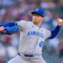 May 23, 2025; Minneapolis, Minnesota, USA; Kansas City Royals pitcher Noah Cameron (65) pitches against the Minnesota Twins in the first inning at Target Field.
