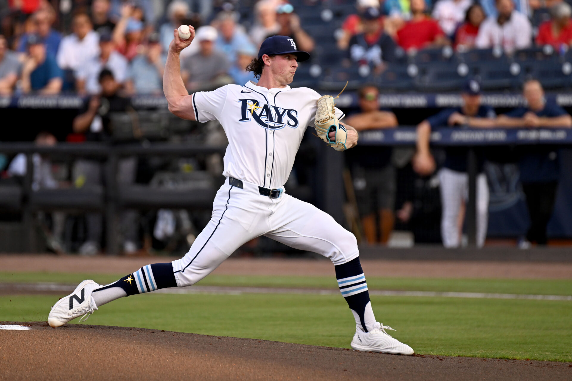 May 8, 2025; St. Petersburg, Florida, USA; Tampa Bay Rays starting pitcher Ryan Pepiot (44) throws a pitch in the first inning against the Philadelphia Phillies at George M. Steinbrenner Field.