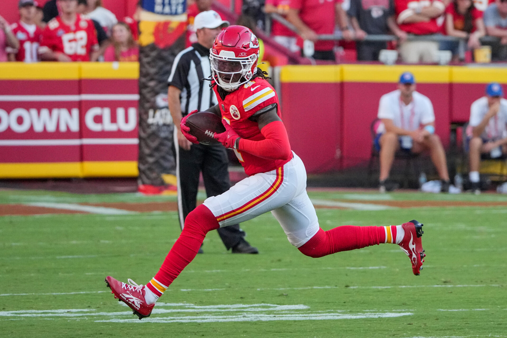 Sep 15, 2024; Kansas City, Missouri, USA; Kansas City Chiefs wide receiver Rashee Rice (4) catches a pass against the Cincinnati Bengals during the game at GEHA Field at Arrowhead Stadium.
