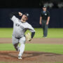 Apr 18, 2025; Tampa, Florida, USA; New York Yankees pitcher Carlos Rodon (55) throws a pitch against the New York Yankees during the seventh inning at George M. Steinbrenner Field.