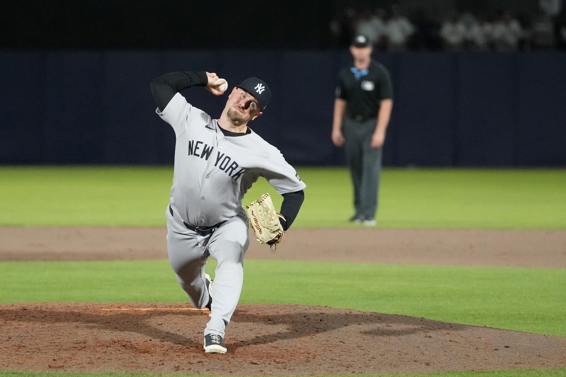 Apr 18, 2025; Tampa, Florida, USA; New York Yankees pitcher Carlos Rodon (55) throws a pitch against the New York Yankees during the seventh inning at George M. Steinbrenner Field.