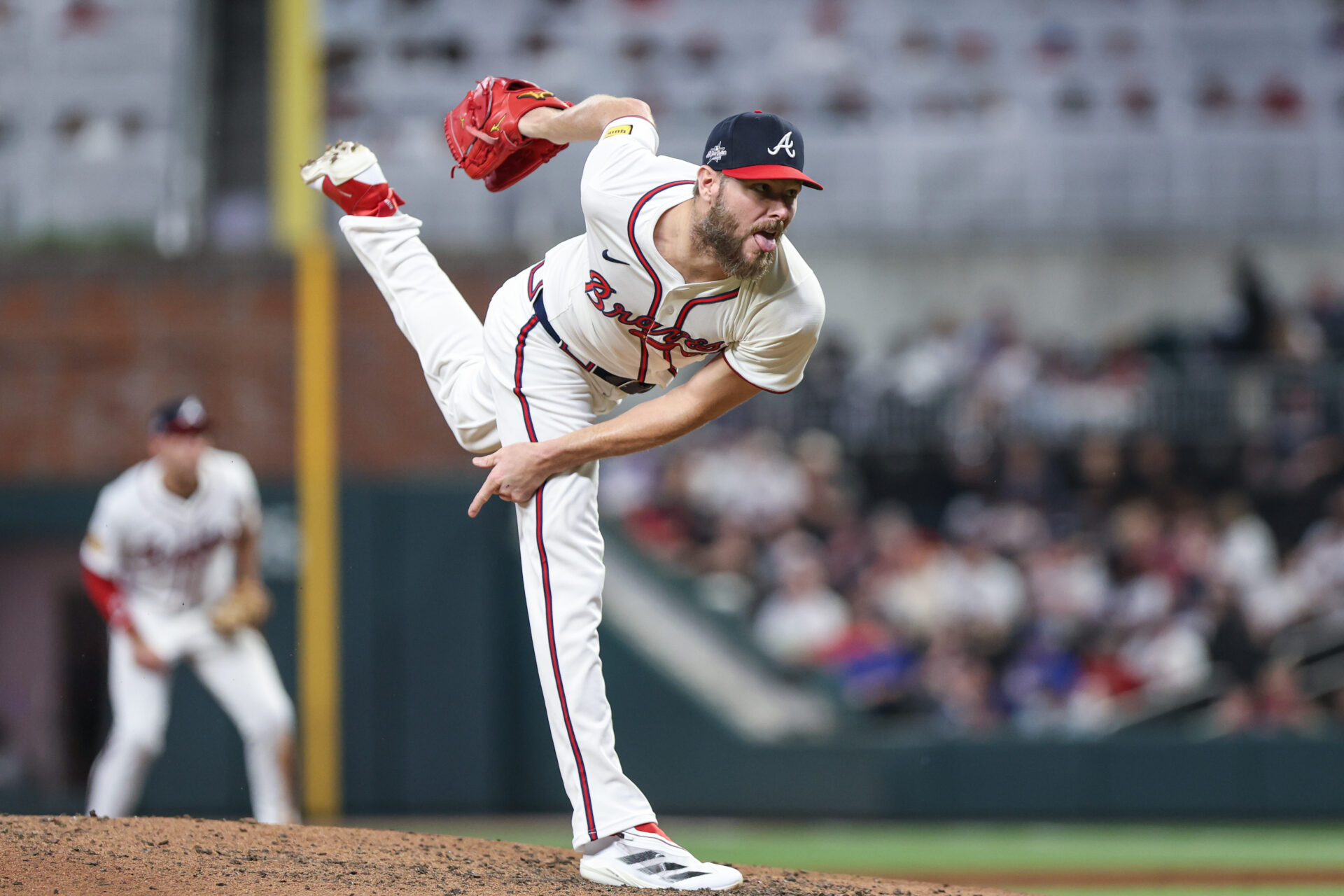 May 6, 2025; Cumberland, Georgia, USA; Atlanta Braves pitcher Chris Sale (51) pitches the ball against the Cincinnati Reds during the sixth inning at Truist Park.