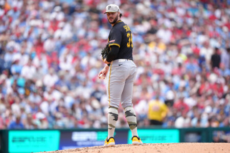 May 18, 2025; Philadelphia, Pennsylvania, USA; Pittsburgh Pirates starting pitcher Paul Skenes (30) checks a runner against the Philadelphia Phillies in the fifth inning at Citizens Bank Park.