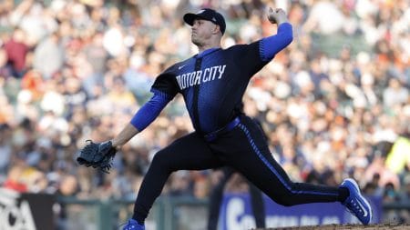 May 9, 2025; Detroit, Michigan, USA; Detroit Tigers starting pitcher Tarik Skubal (29) pitches in the third inning against the Texas Rangers at Comerica Park. Skubal is one of our MLB All-Star Game best bets for 2025.