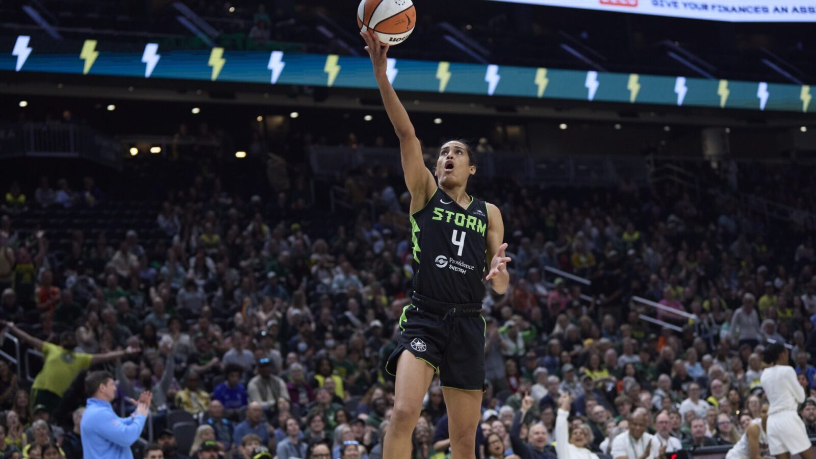 May 30, 2025; Seattle, Washington, USA; Seattle Storm guard Skylar Diggins (4) goes to the basket against the Atlanta Dream during the first half at Climate Pledge Arena.