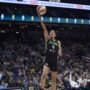 May 30, 2025; Seattle, Washington, USA; Seattle Storm guard Skylar Diggins (4) goes to the basket against the Atlanta Dream during the first half at Climate Pledge Arena.