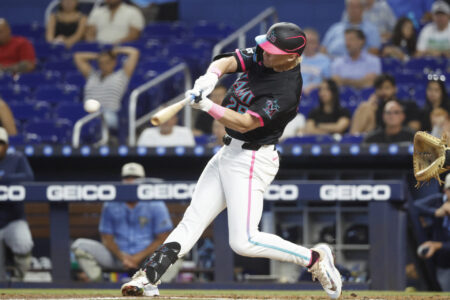 May 17, 2025; Miami, Florida, USA; Miami Marlins right fielder Kyle Stowers (28) at bat against the Tampa Bay Rays during the first inning at loanDepot Park.