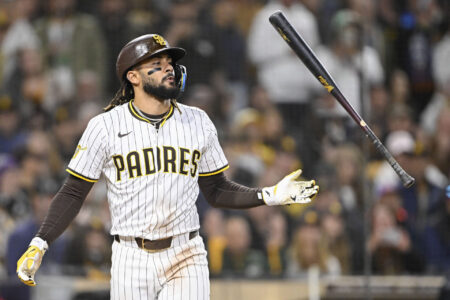 Apr 26, 2025; San Diego, California, USA; San Diego Padres right fielder Fernando Tatis Jr. (23) flips his bat after striking out during the eighth inning against the Tampa Bay Rays at Petco Park.