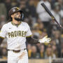 Apr 26, 2025; San Diego, California, USA; San Diego Padres right fielder Fernando Tatis Jr. (23) flips his bat after striking out during the eighth inning against the Tampa Bay Rays at Petco Park.
