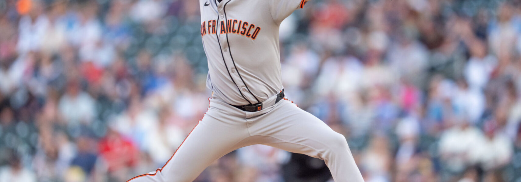 May 10, 2025; Minneapolis, Minnesota, USA; San Francisco Giants starting pitcher Logan Webb (62) pitches to Minnesota Twins outfielder Byron Buxton (25) in the first inning at Target Field.
