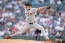 May 10, 2025; Minneapolis, Minnesota, USA; San Francisco Giants starting pitcher Logan Webb (62) pitches to Minnesota Twins outfielder Byron Buxton (25) in the first inning at Target Field.