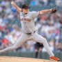 May 10, 2025; Minneapolis, Minnesota, USA; San Francisco Giants starting pitcher Logan Webb (62) pitches to Minnesota Twins outfielder Byron Buxton (25) in the first inning at Target Field.