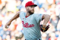 Philadelphia Phillies starting pitcher Zack Wheeler (45) throws a pitch during the first inning against the Cleveland Guardians at Progressive Field.