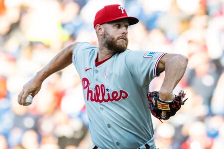 Philadelphia Phillies starting pitcher Zack Wheeler (45) throws a pitch during the first inning against the Cleveland Guardians at Progressive Field.