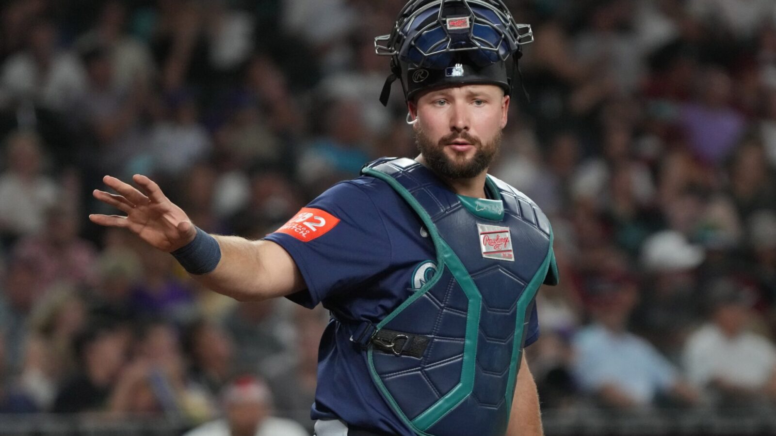 Jun 9, 2025; Phoenix, Arizona, USA; Seattle Mariners catcher Cal Raleigh (29) looks for a sign against the Arizona Diamondbacks in the fifth inning at Chase Field.