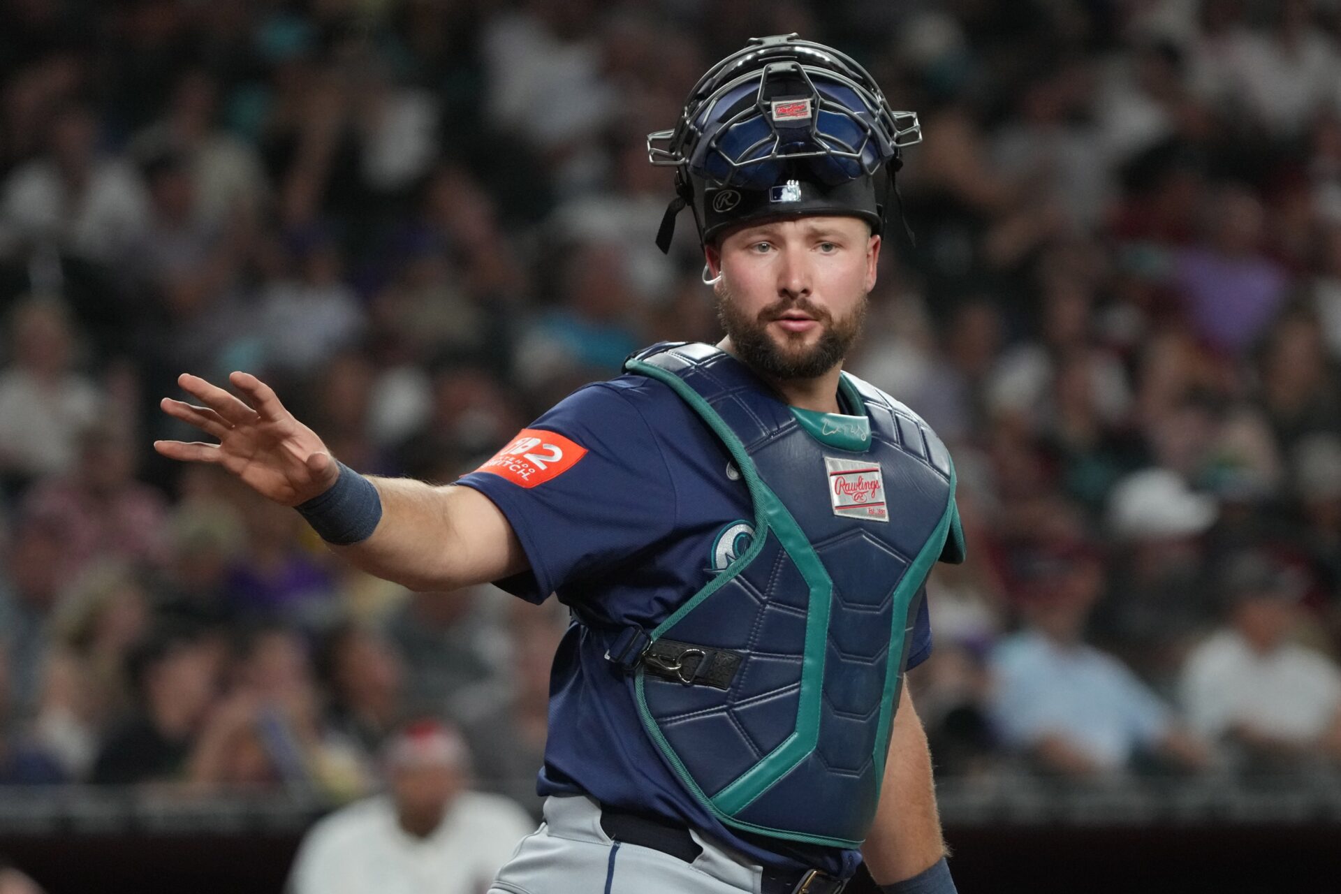 Jun 9, 2025; Phoenix, Arizona, USA; Seattle Mariners catcher Cal Raleigh (29) looks for a sign against the Arizona Diamondbacks in the fifth inning at Chase Field.