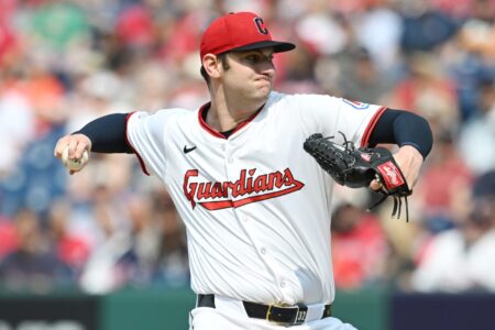 Jun 7, 2025; Cleveland, Ohio, USA; Cleveland Guardians starting pitcher Gavin Williams (32) throws a pitch during the first inning against the Houston Astros at Progressive Field.