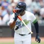 Jun 21, 2025; Tampa, Florida, USA; Tampa Bay Rays third baseman Junior Caminero (13) hits a home run against the Detroit Tigers in the fourth inning at George M. Steinbrenner Field.