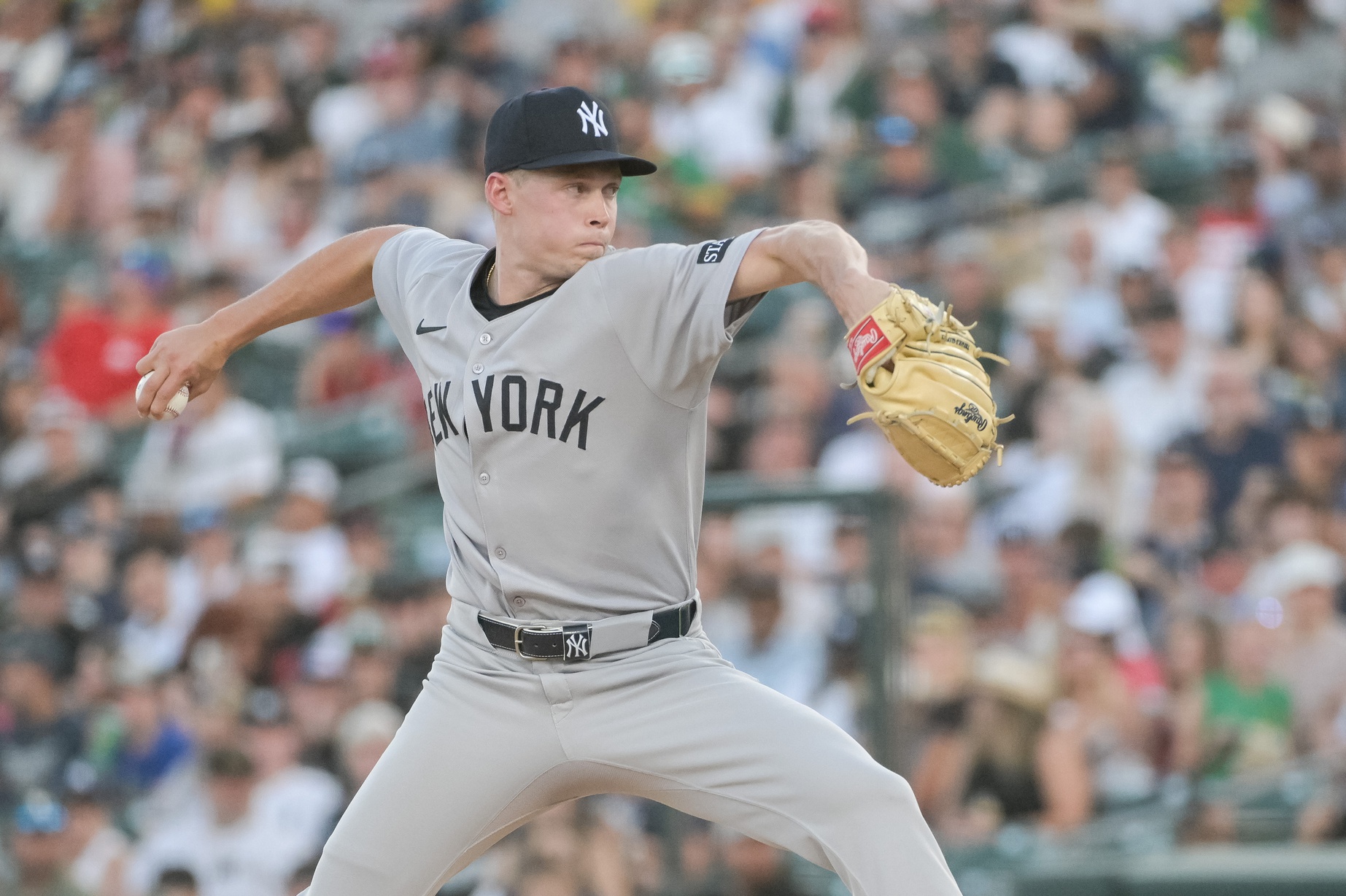 May 9, 2025; West Sacramento, California, USA; New York Yankees pitcher Will Warren (98) throws a pitch against the Athletics during the first inning at Sutter Health Park.