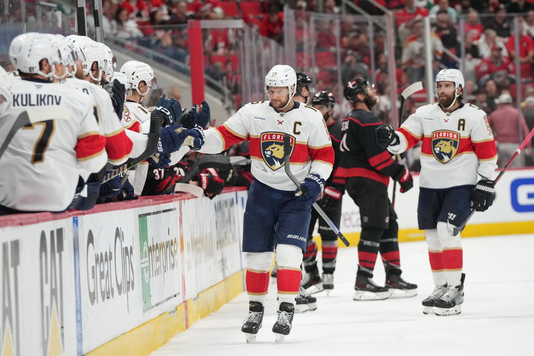 May 22, 2025; Raleigh, North Carolina, USA; Florida Panthers forward Aleksander Barkov (16) celebrates scoring during the third period against the Carolina Hurricanes in game two of the Eastern Conference Final of the 2025 Stanley Cup Playoffs at Lenovo Center.