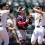 Jun 5, 2025; West Sacramento, California, USA; Athletics left fielder Brent Rooker (25) greets teammate Tyler Soderstrom (21) after his two-run home run against the Minnesota Twins during the third inning at Sutter Health Park.