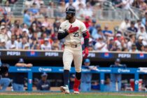 Jun 8, 2025; Minneapolis, Minnesota, USA; Minnesota Twins center fielder Byron Buxton (25) reacts to getting walked during the fifth inning against the Toronto Blue Jays at Target Field.