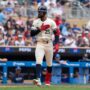 Jun 8, 2025; Minneapolis, Minnesota, USA; Minnesota Twins center fielder Byron Buxton (25) reacts to getting walked during the fifth inning against the Toronto Blue Jays at Target Field.