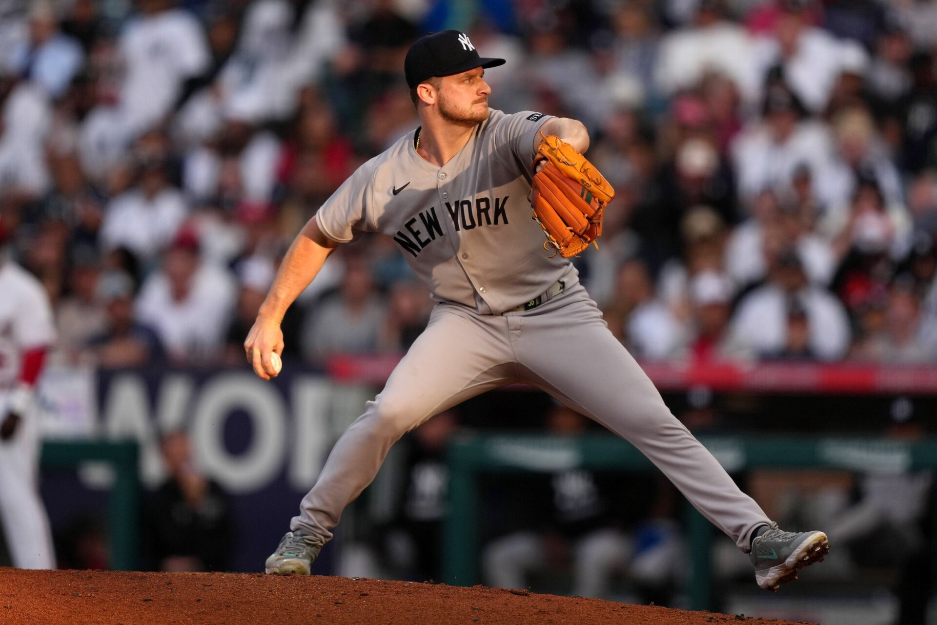 May 28, 2025; Anaheim, California, USA; New York Yankees starting pitcher Clarke Schmidt (36) throws in the first inning against the Los Angeles Angels at Angel Stadium.