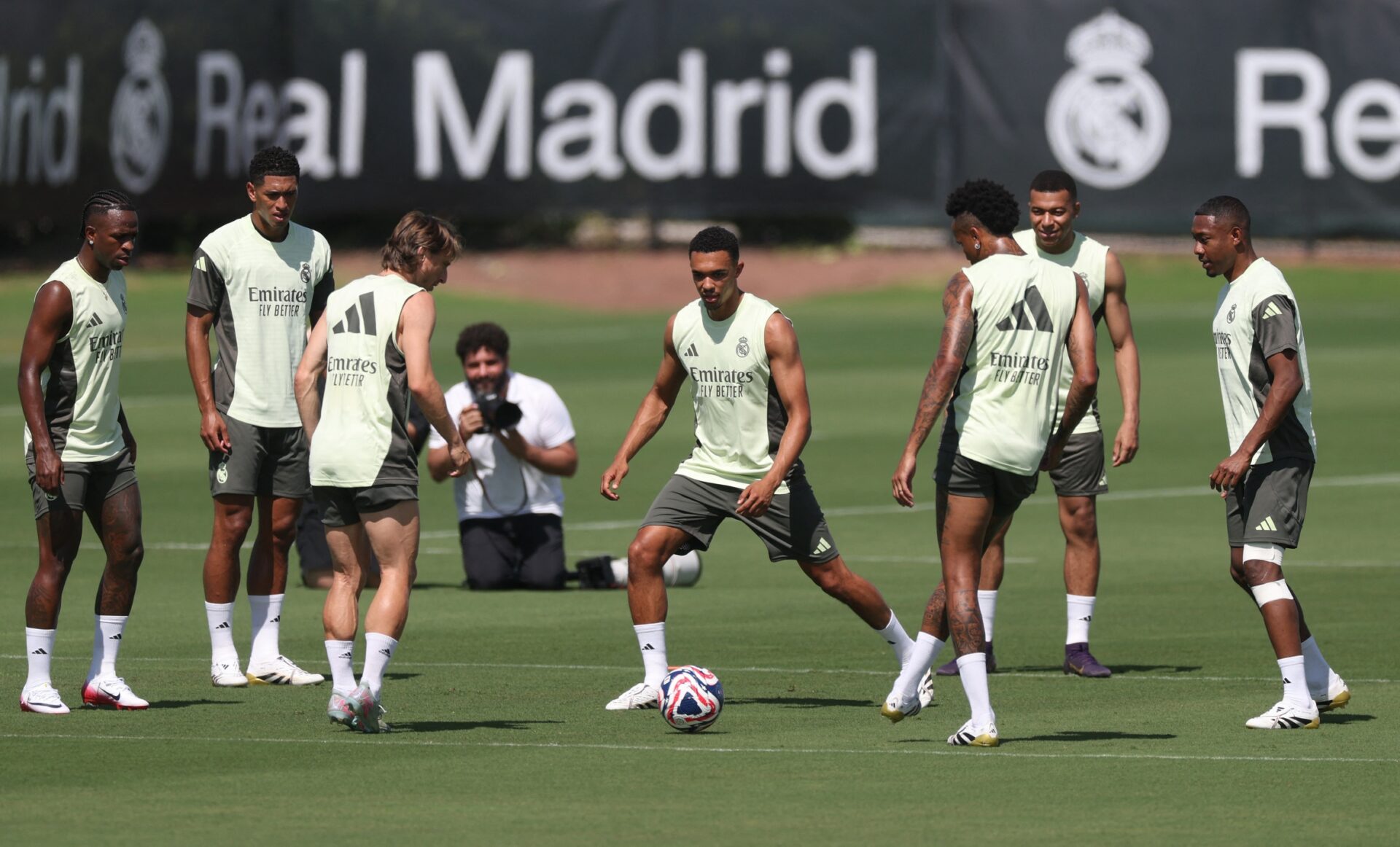 Real Madrid players Vinicius Junior, Kylian Mbappe, David Alaba, Trent Alexander-Arnold, Eder Militao, Jude Bellingham and Luka Modric during training for the 2025 FIFA Club World Cup at Gardens North County District Park.